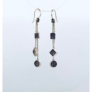 Vintage Sterling Silver Dangle Earrings Black Enamel Geometric Charm Drop 7.2g